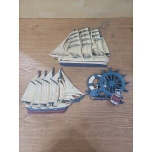 Vtg Nautical Clipper Ships And Sailboat Wheel Wall Decor Burwood USA Set Of 3